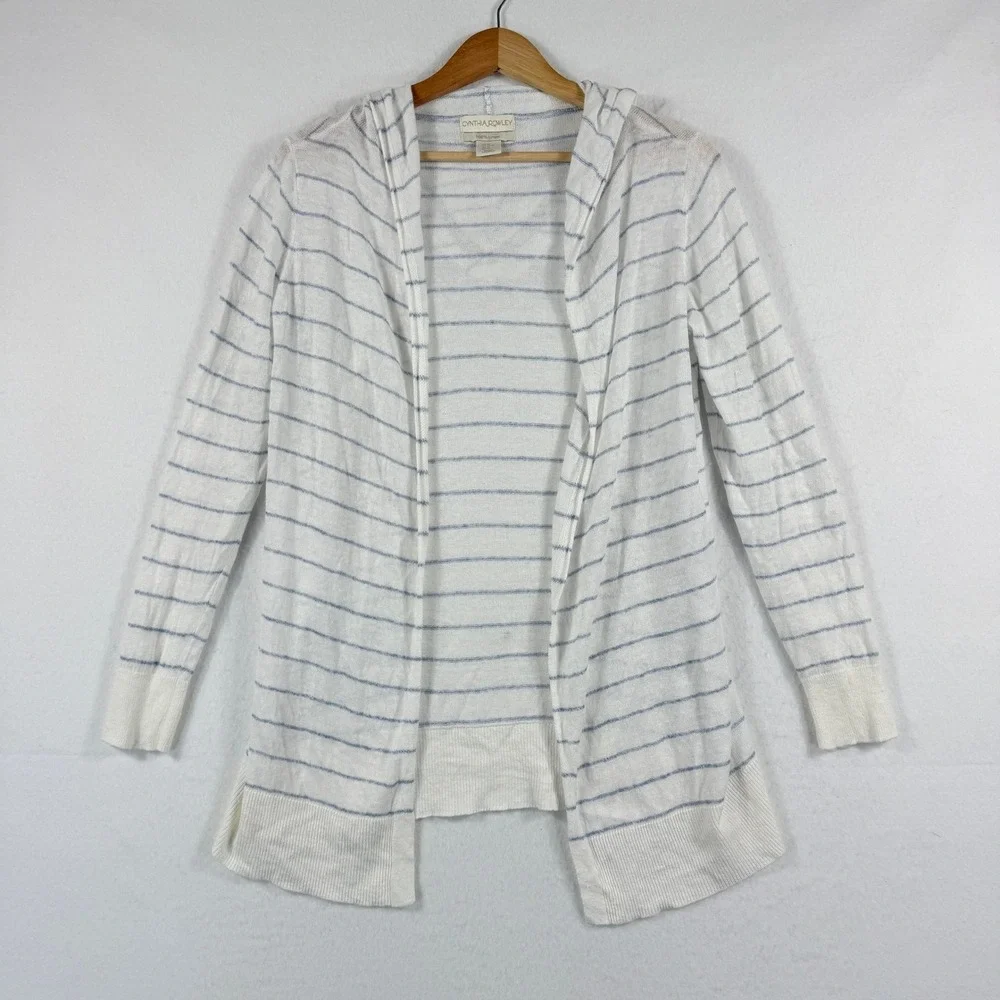 Cynthia Rowley Hooded Cardigan Women XS White Blue Stripe Linen Coastal Nautical